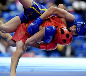 دو مرد جوان در حال رقابت ورزش ووشو